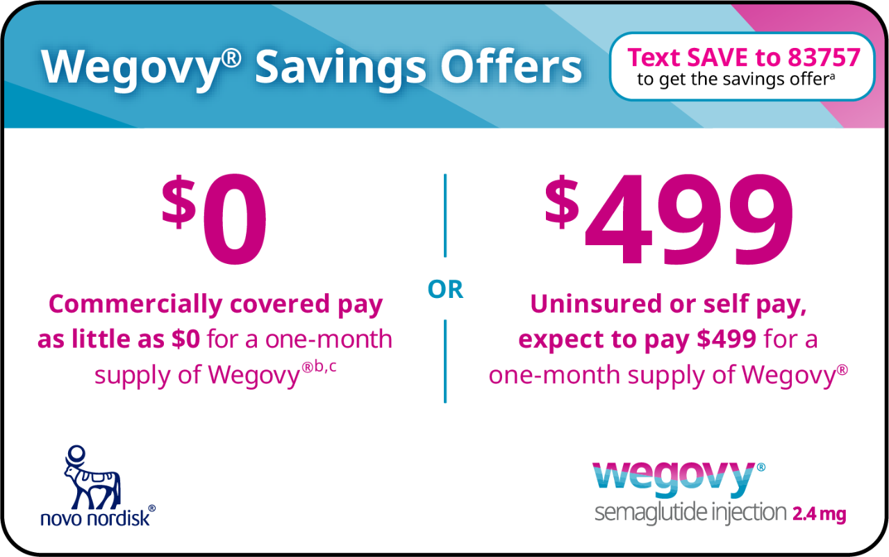 Wegovy® Savings Offers - Commercially insured pay as little as $0 for 1 month of Wegovy®, or uninsured or paying cash, expect to pay $499 for 1 month of Wegovy®